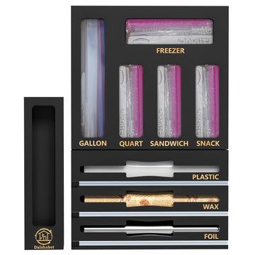 9 IN1 Bamboo Storage Bag Drawer Organizer with Cutter, Foil and Plastic Wrap Dispenser Storage Compatible with All