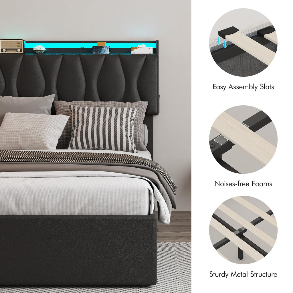 Queen Size Lift Up Storage Bed Frame with Adjustable Headboard, Charging Station, LED Lights, Wood Slats, Noise-Free