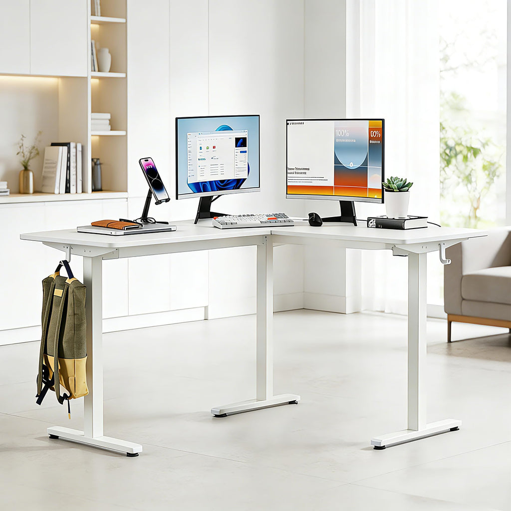 63 x 55 Inch L-Shaped Standing Desk, Electric Corner Workstation White
