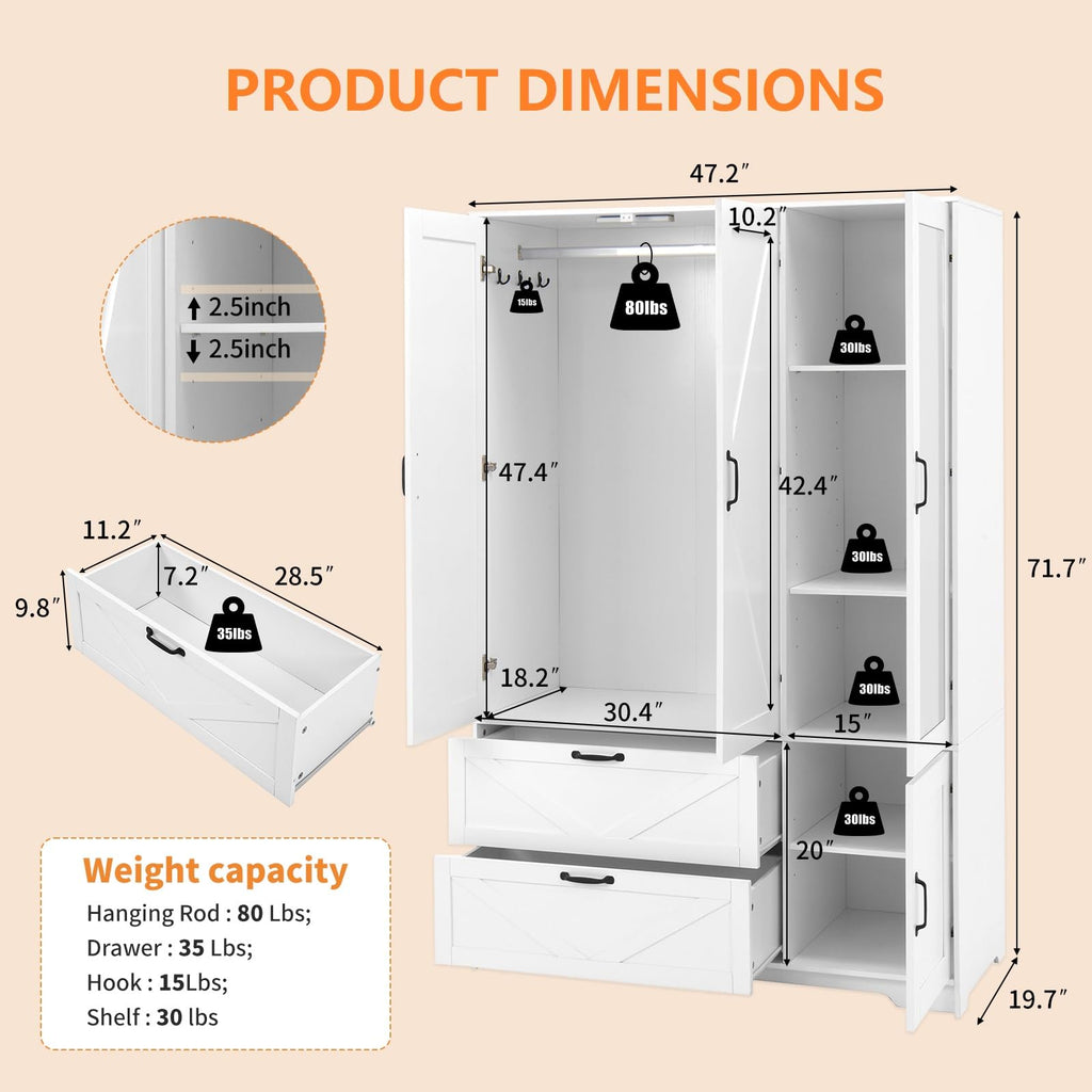 Armoire Wardrobe Closet with Drawers and Mirror, 72" Bedroom Wardrobe Cabinet with Motion Sensor Light, Hanging Rod &