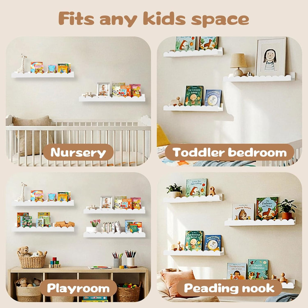 White Scalloped Nursery Shelves for Wall, Pack Floating Book Shelves for Kids Room, Wall Mounted Kids Bookshelves