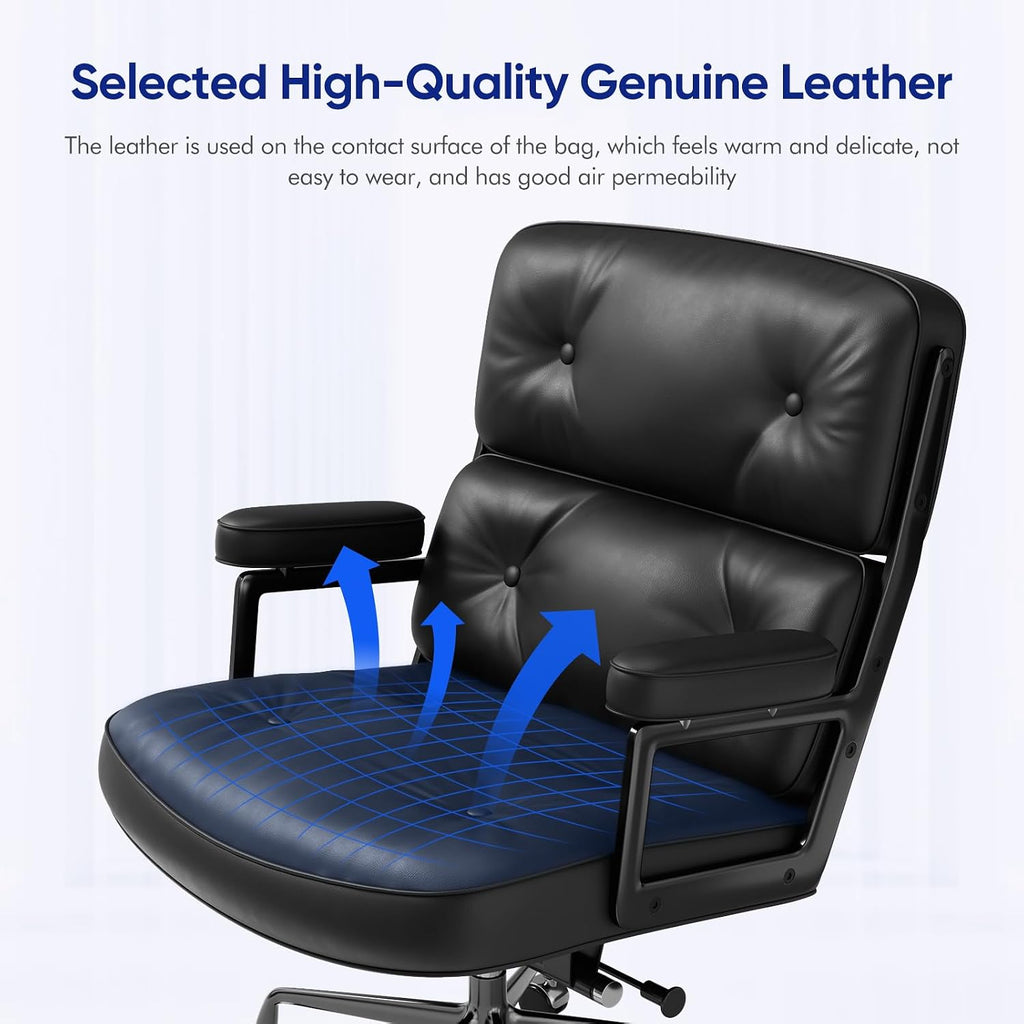 Home with Top Grain Leather, Padded Armrests, Mid-Back Upholstered Executive Leather Desk Chair, Aluminum Frame