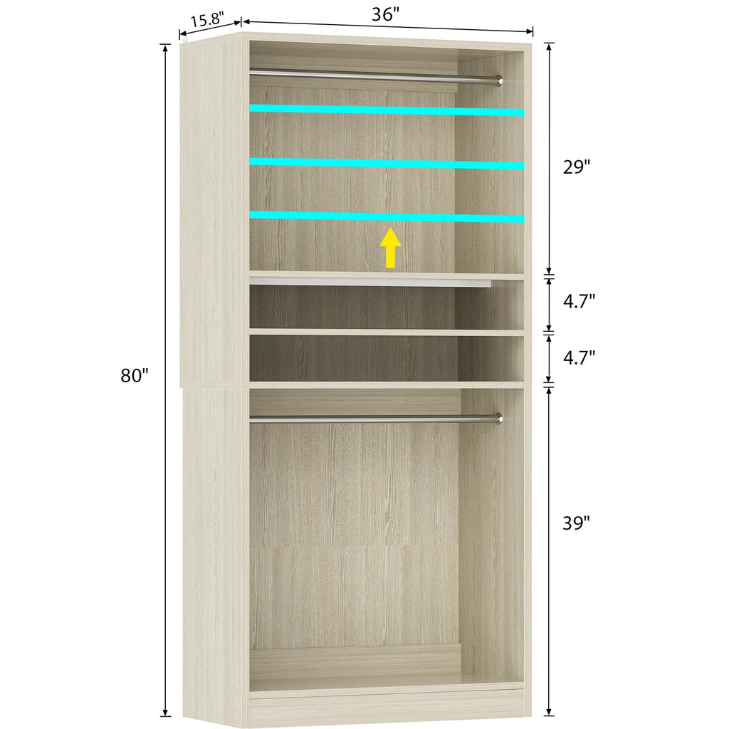 36 Inch Closet Systems with 2 Hanging Rods and Adjustable Shelves
