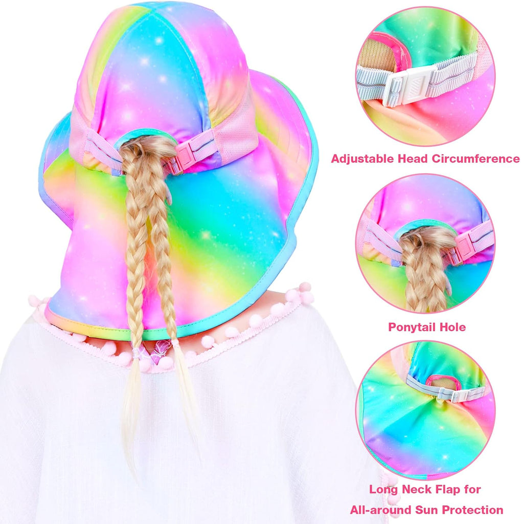Kids Sun Hat Anti-UV Girls Boys Wide Brim Neck Flap UPF 50+ Sun Protection Beach Hat with Adjustable Chin Strap Ages