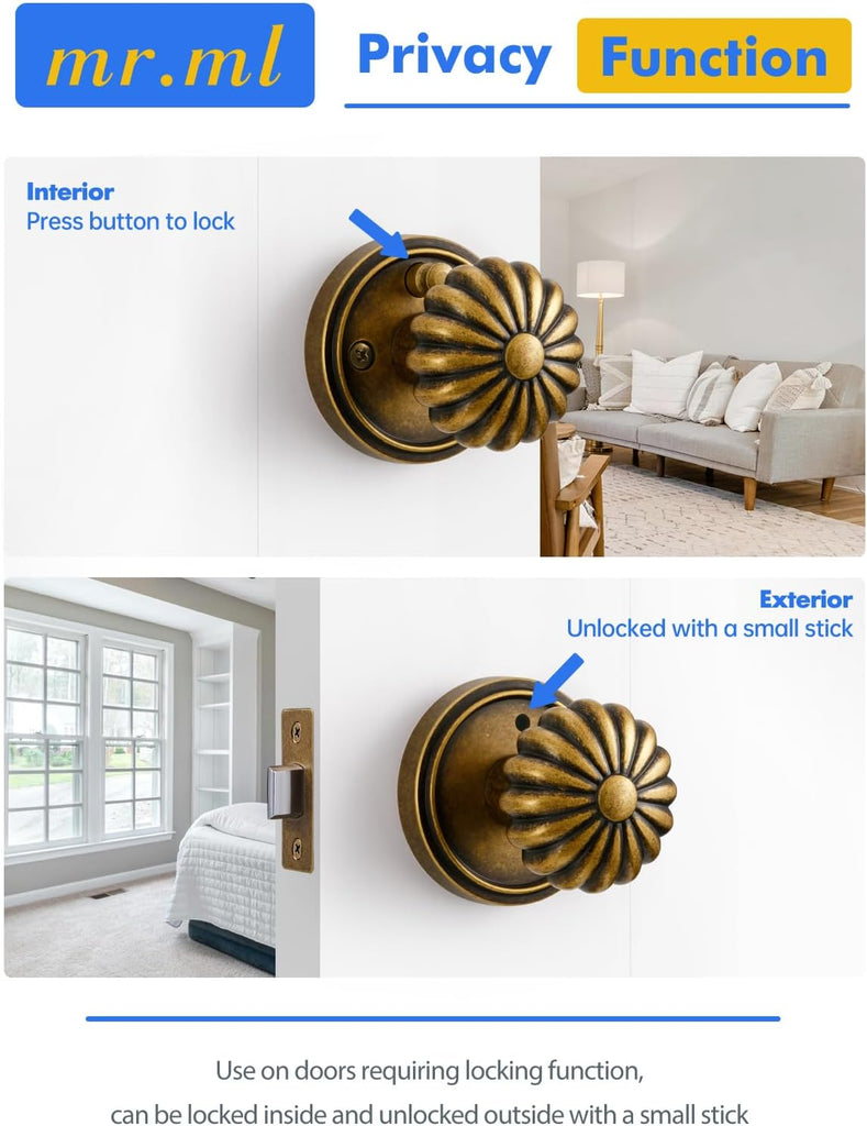 Door Knob Antique Brass Retro Privacy Vintage Door Handle, 1 Pack