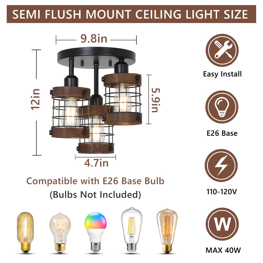 Semi Flush Mount Ceiling Light, 3-Light Farmhouse Chandelier Light Fixtures Ceiling Mount, Black Hallway Light