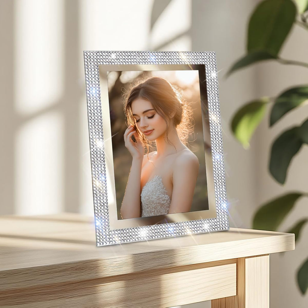 5x7 Bling Glass Picture Frame for Tabletop Display, Display Glitter Rhinestones Photo Frame Horizontally or