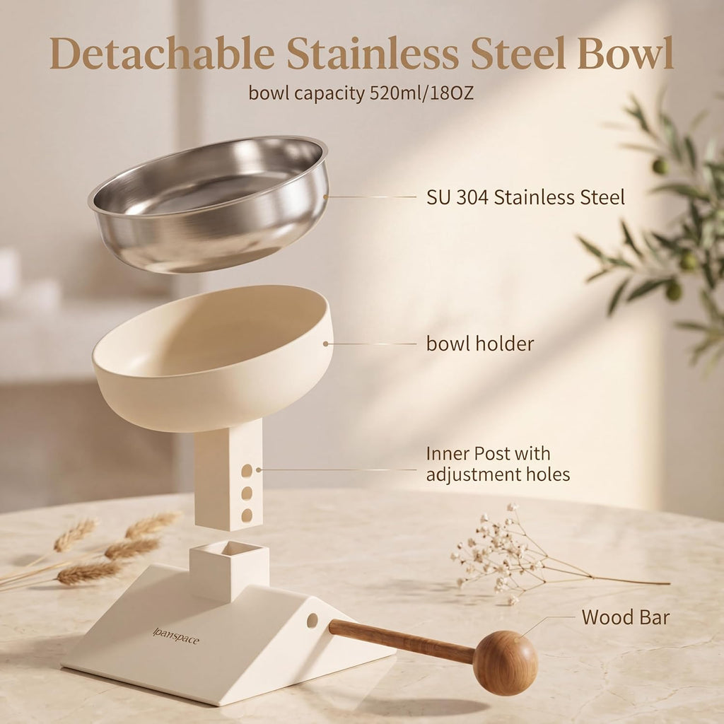 Adjustable Elevated Cat Bowl, 304 Stainless Steel Bowl, 18oz (White)