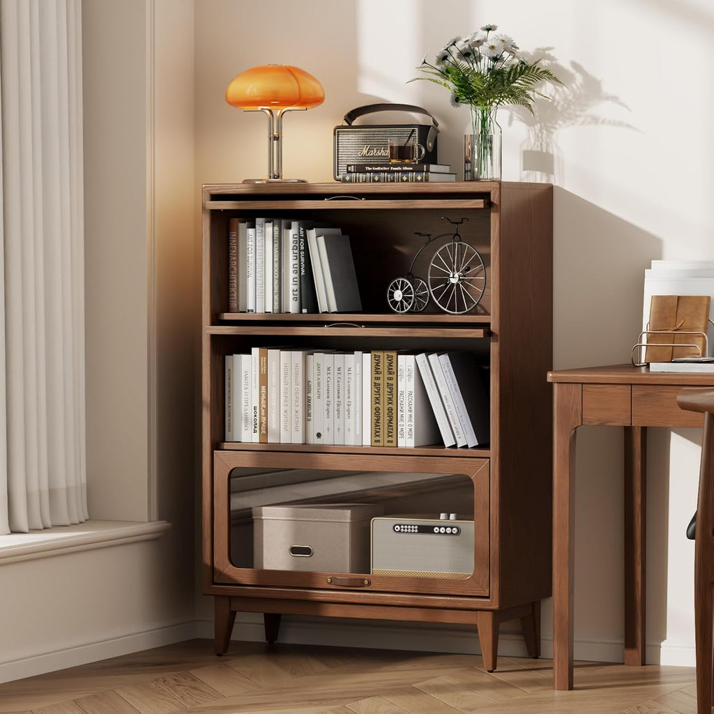 Solid Wood Storage Cabinet with Glass Doors, 3 Shelf Small Storage Cabinet, Mid Century Modern Bookcase, Kitchen