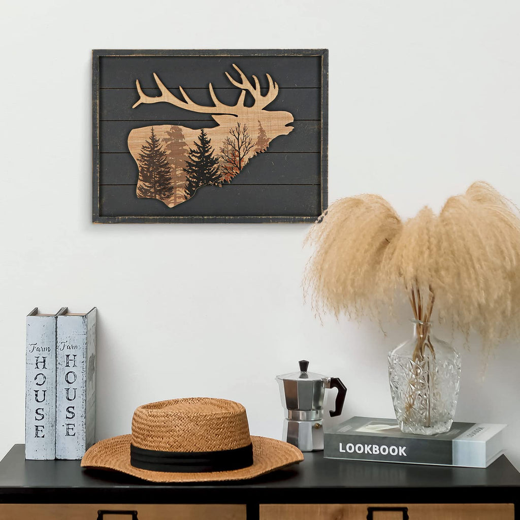 Cabin Wall Decor, Decorative Moose Wood Framed Forest Mountain Woodland Wildlife Lodge Deer Animal Picture Art Print