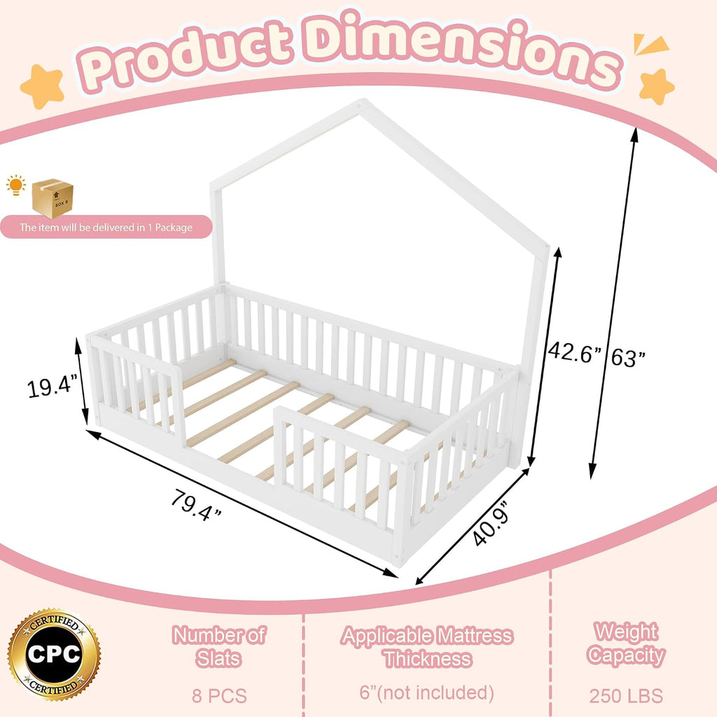 Montessori House Floor Bed with High Rails and LED Light, White