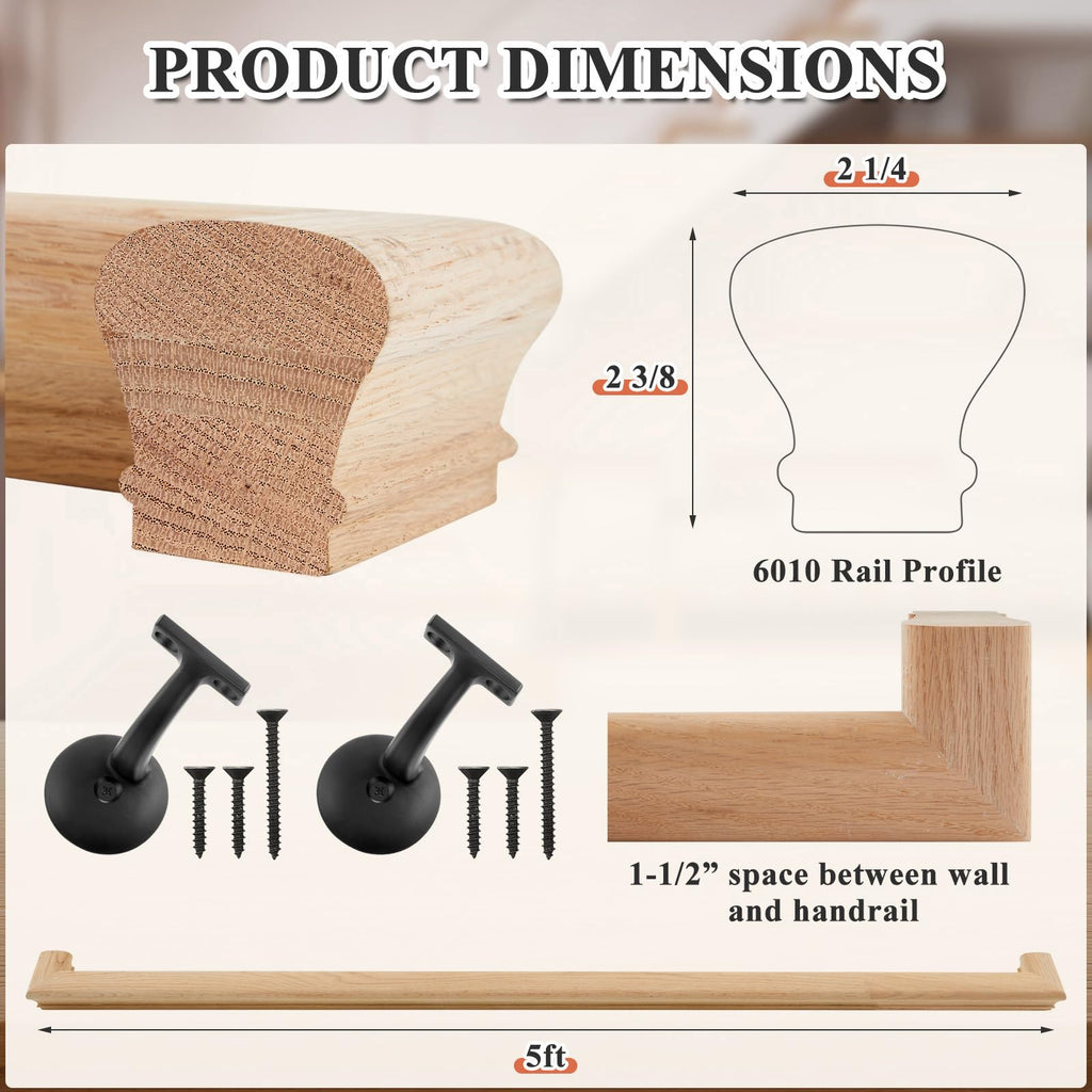 6010 Red Oak Handrail Kit 5 ft with Wall Returns and Wall Mount Brackets Indoor Wood Stairs Handrails Included Screws