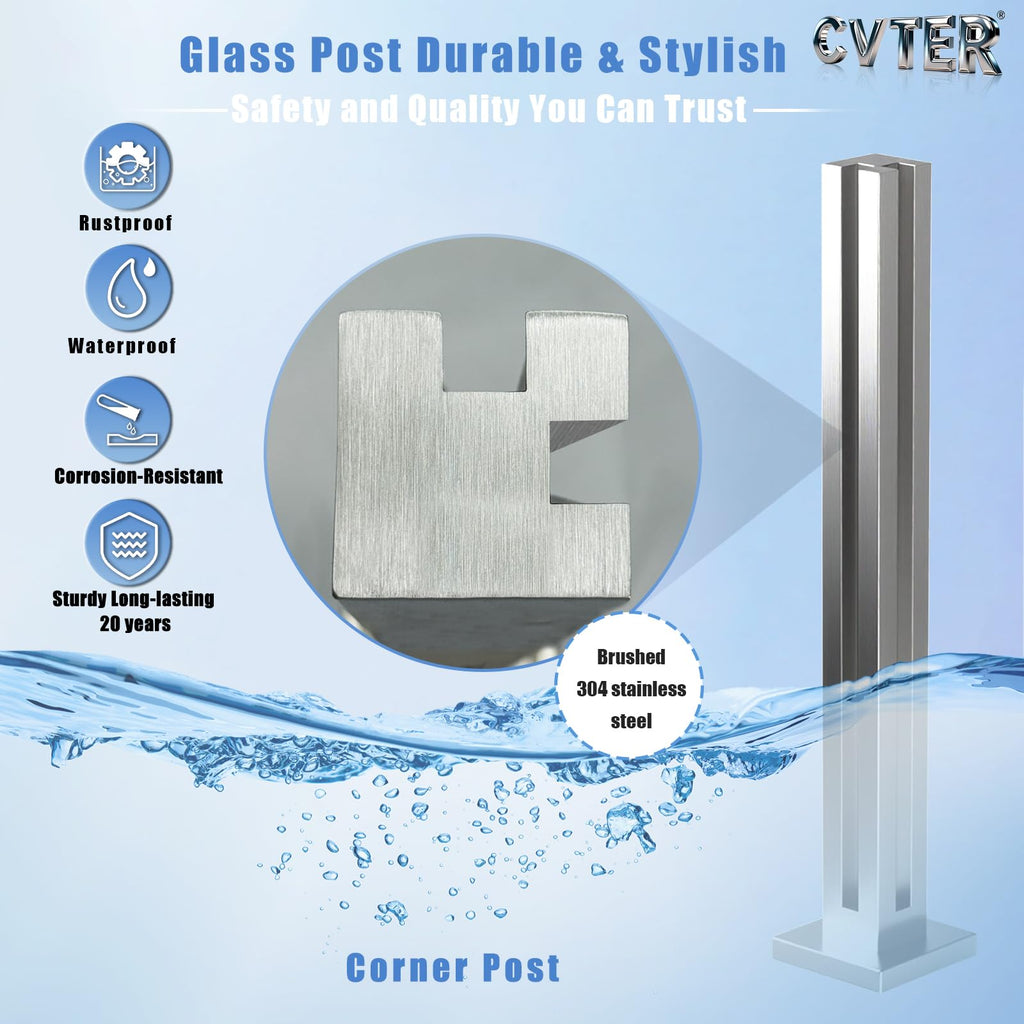 Glass Railing Post, No-Punch Glass Railing System with Spigot Slots & Base, Heavy-Duty 304 Stainless Steel Clamp for
