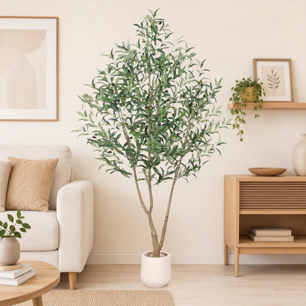 Olive Trees Artificial Indoor, 6FT Tall Faux Olive Tree with White Planter, Artificial Plants with Lush Leaves