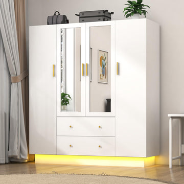4 Door Wardrobe Closet with Mirrors and LED Lights, Bedroom Armoire with Drawers and Shelves, Modern Wooden Armoire
