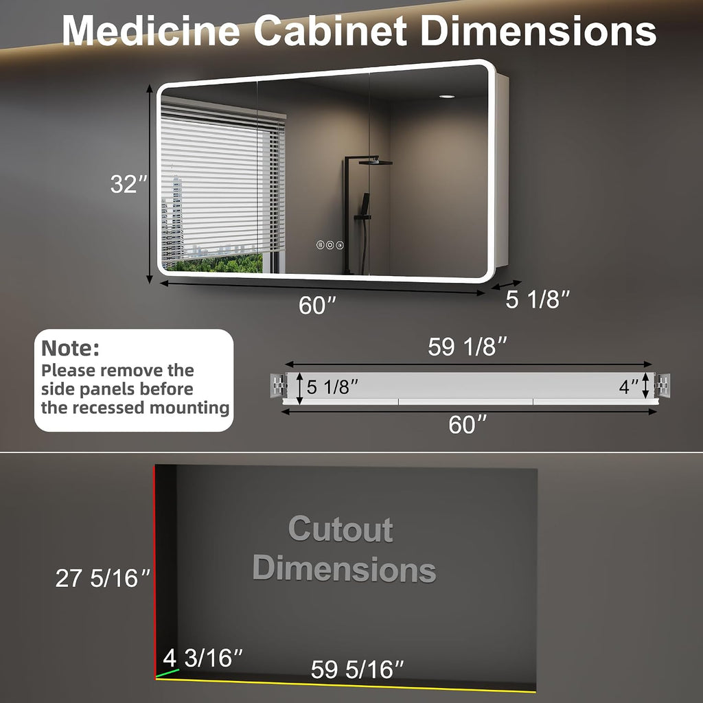 60 x 32 Inch Medicine Cabinet with Mirror and LED Light | Recessed, Wall-Mounted, Dimmable, Anti-Fog, Memory