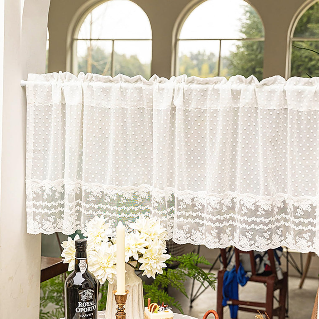 White Pom Pom Lace Sheer Curtain Valance Windows French Style