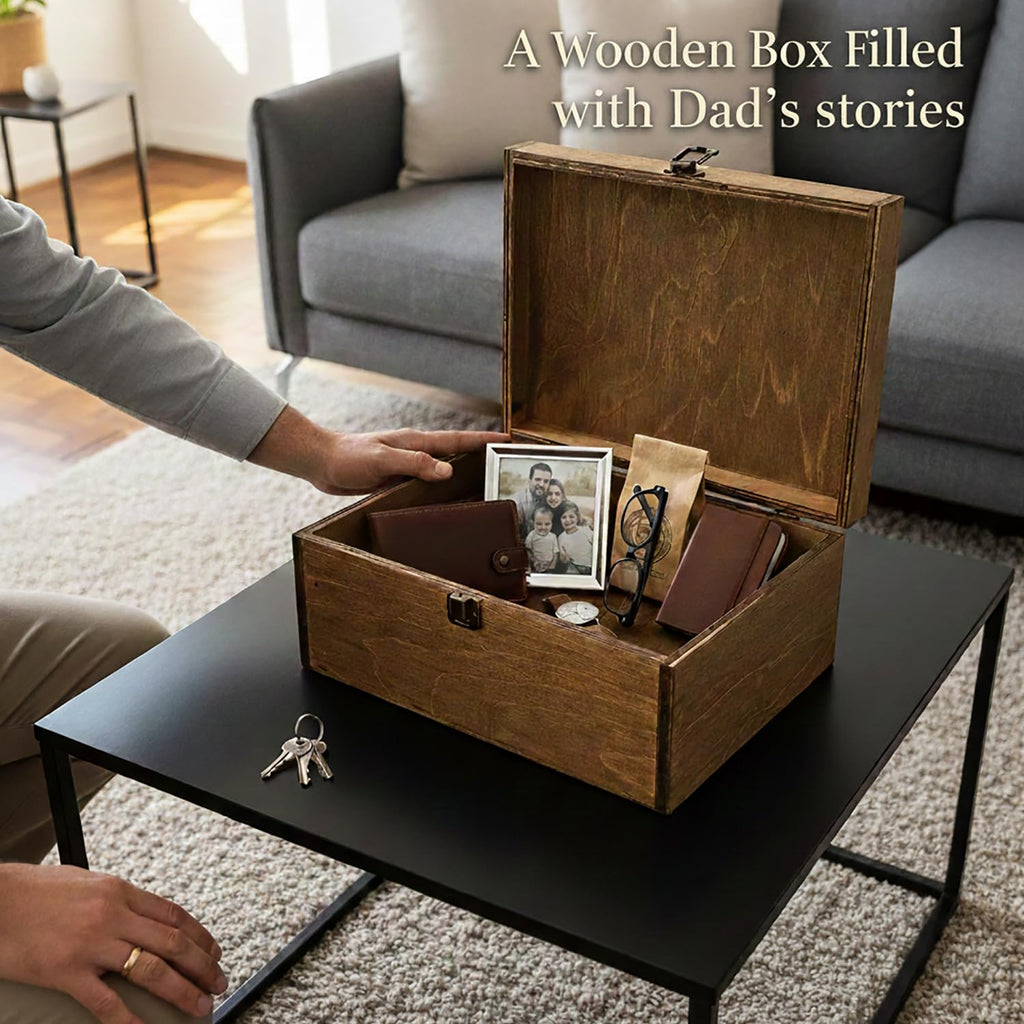 Dad Gifts, Wooden Dad's Stuff Storage Box, Large Rustic Wooden Keepsake Box 11.6" x 8.7" x 5", Engraved Memory Wood