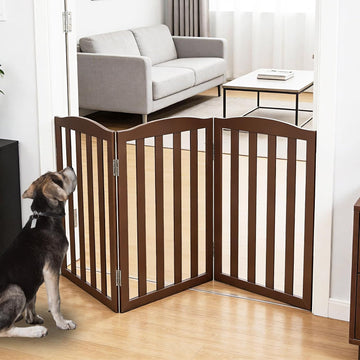 Freestanding Dog Gate Indoor, Doggie Gate Foldable Pet Gates for Doorways, Stairs or Hallways, Wooden Brown Pet Gate