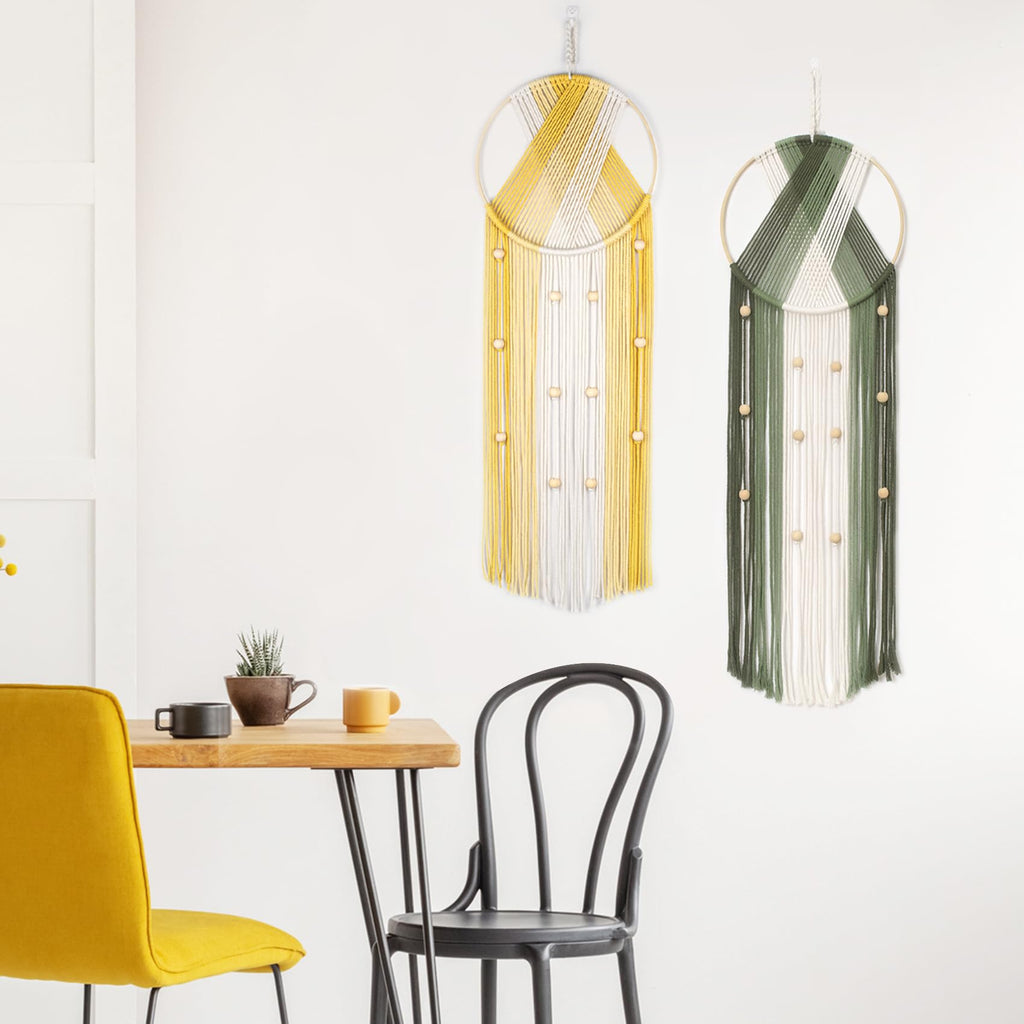 LB 2Pc Boho Macrame Wall Hanging Modern Aesthetic Wall Decor Green and Yellow Hand Woven Cotton Macrame Wall Art with