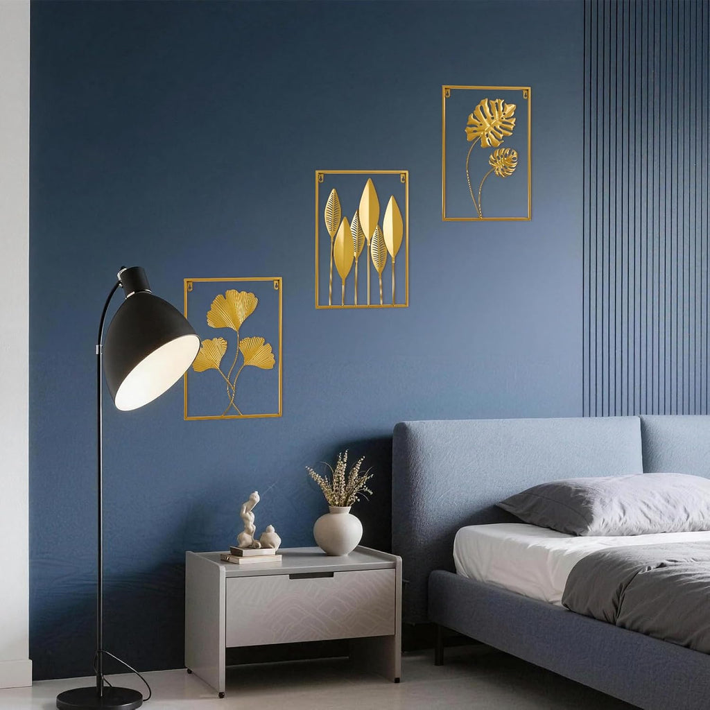 Metal Wall Art 3D Minimalist Tree Leaf Wall Sculpture Decor, Gold Framed Wall Art Bedroom Dining Room Office - Set of 3