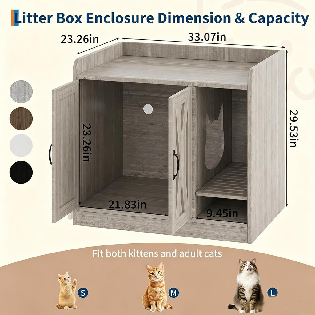 Cat Litter Box Enclosure, Hidden Litter Box Furniture with Divider, Indoor Cat House, Wooden Cat Washroom Storage