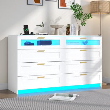 8 Drawers Dresser with Charging Station, Dresser with LED Light