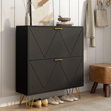 Black Shoe Cabinet Storage, Narrow Shoe Cabinet with 2 Flip Drawers, Freestanding Organizer with Fluted Panel