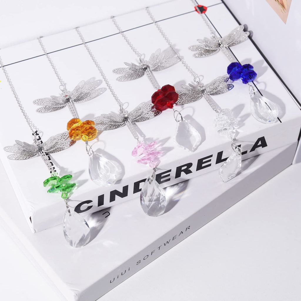 Dragonfly Crystal Prisms Bead Hanging Crystal for Windows Garden Wedding Christams Decor Mirror, Set of 6