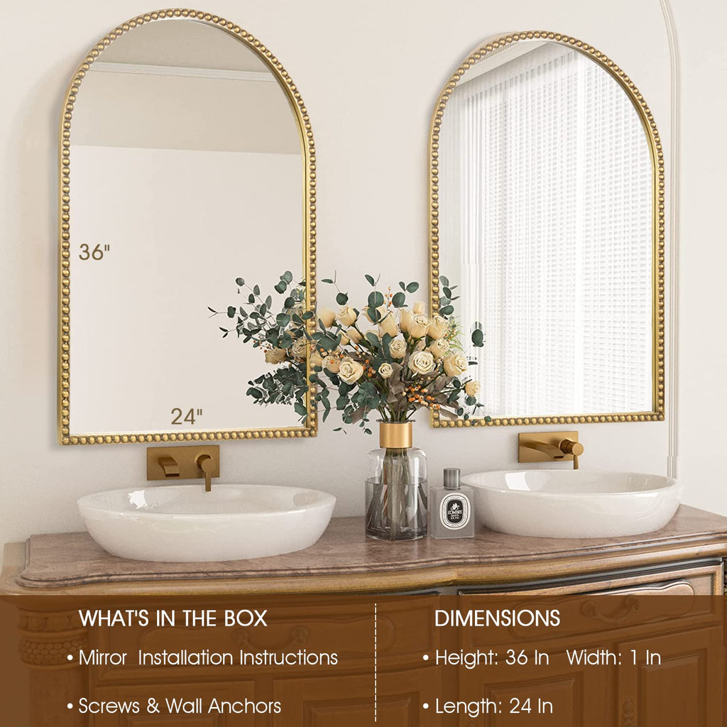 Arched Wall Mirror - 24"x36" Metal Beaded Frame Decorative Accent Mirror, Large Modern Rustic Distressed Hanging Wall