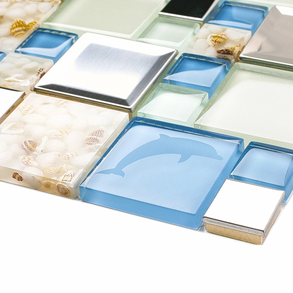Blue Sea Glass Tile Backsplash Beach Style Mosaic Tiles Real Seashell Inside (Pack of 5 Sheets)