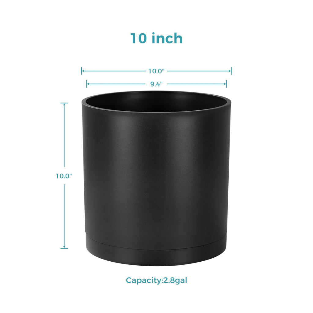 10-Inch Modern Cylinder Planter, Thick-Walled Plastic Plant Pot with Drainage Holes and Detachable Saucer, Matte