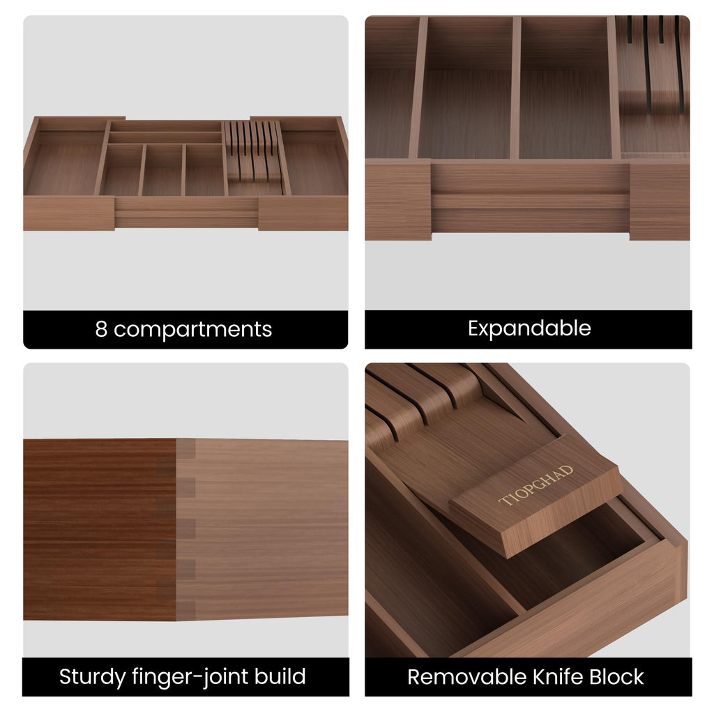Expandable Bamboo Silverware Organizer with Knife Block, Brown