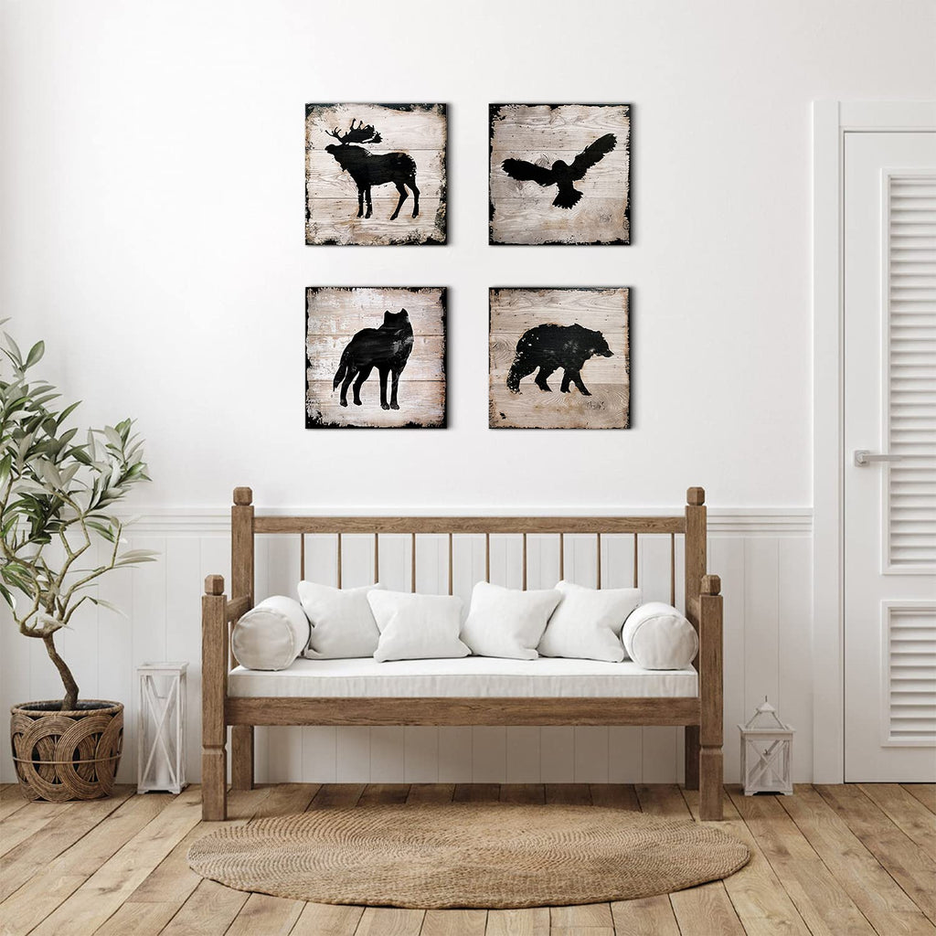 Animals Wall Decor Cabin Wildlife Silhouette Wall Art Woodland Bear Pictures Farmhouse Moose Wolf Eagle Deer Canvas