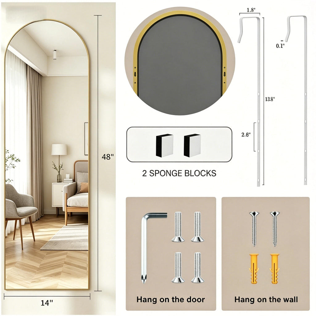 14" x 48" Arched Full Length Mirror Gold Frame Over Door & Wall Mounted