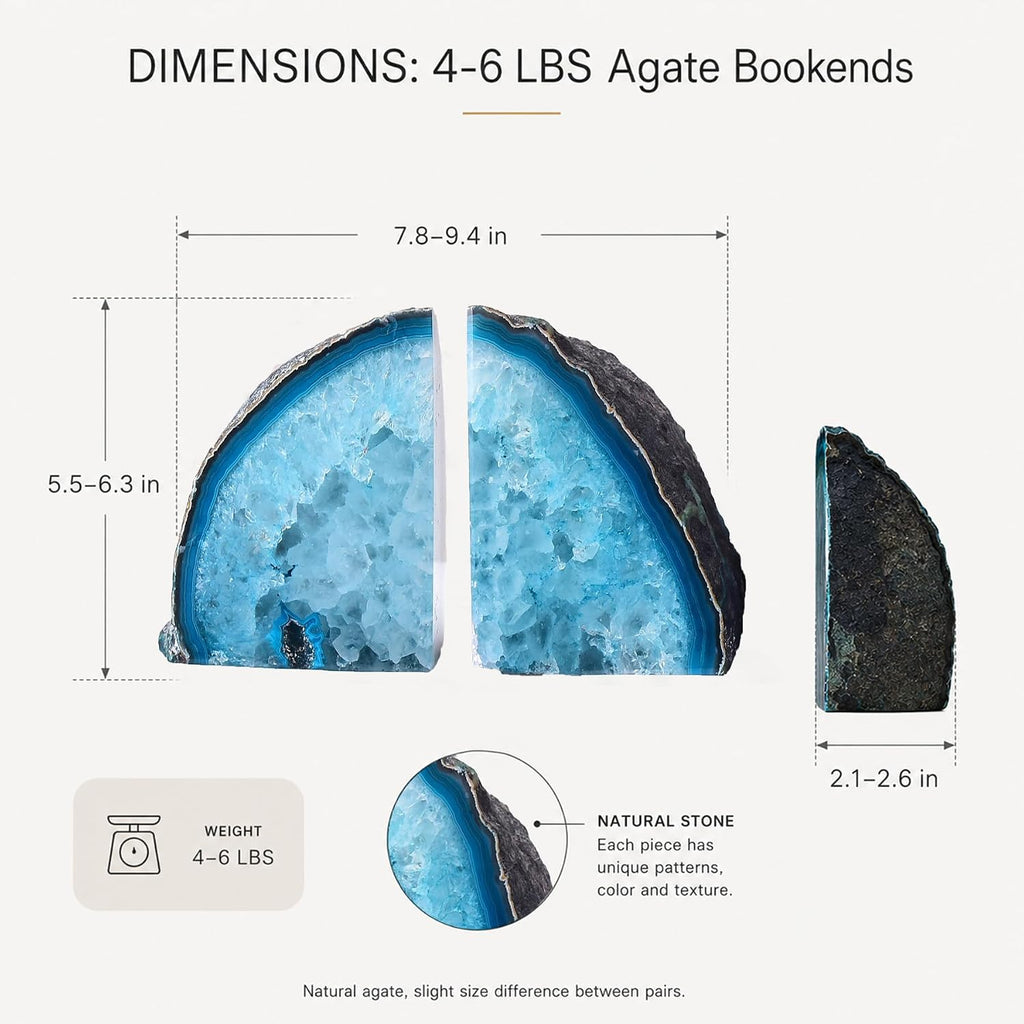 Teal Agate Bookends, Decorative Sturdy Book Ends for Study Shelf | 4-6 Lbs Color-Enhanced Teal, Brazilian Agate