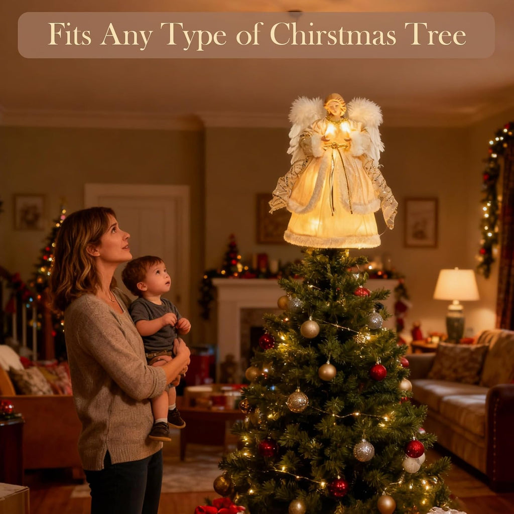 Angel Christmas Tree Topper, 13.7 Inch Angel Tree Topper with Lights, Christmas Tree Topper with White Feather Wings