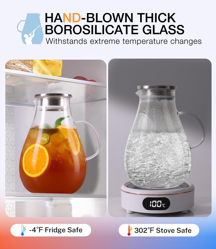 Glass Pitcher, 86oz Glass Water Pitcher with Lid and Handle, Large Borosilicate Hot/Cold Water Jug for Iced Tea