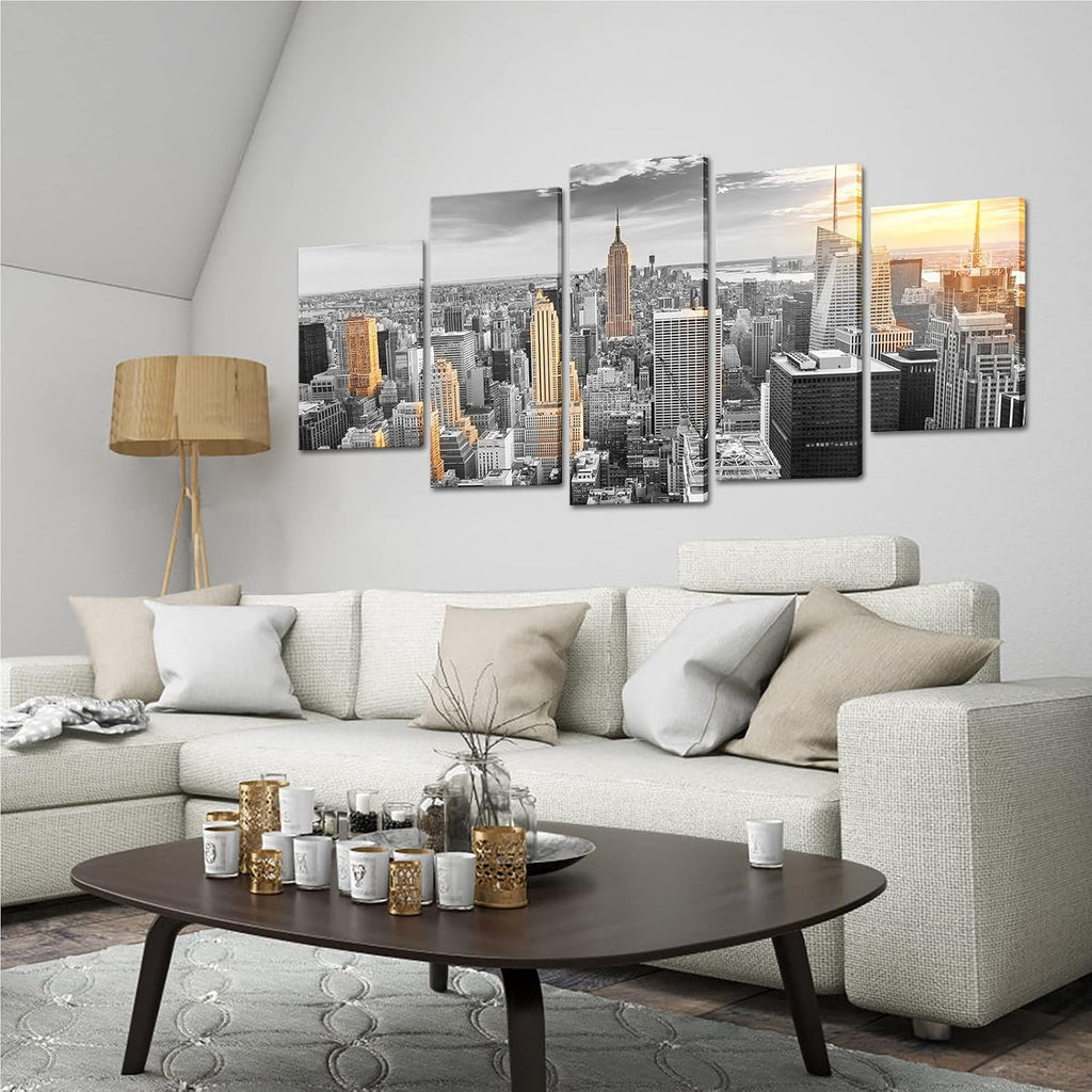Large Size 5 Pcs New York Skyline Wall Art Canvas City in Sunrise Painting Pictures Modern Cityscape Artwork Office