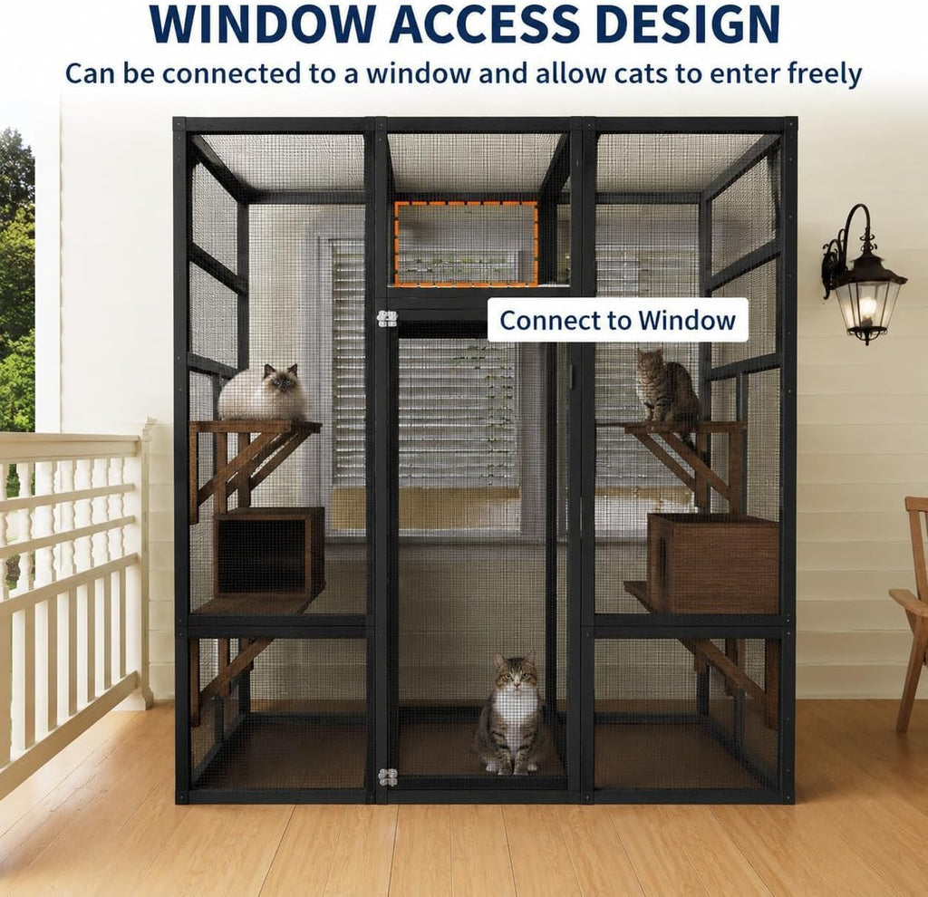 70" Walk-in Wooden Catio, Outdoor Cat Enclosure with Window Access, Black