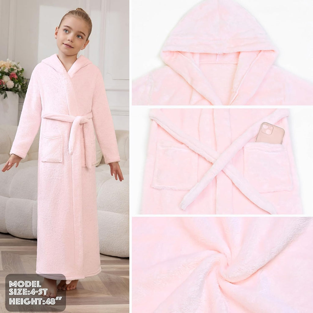 Girls Bathrobes Kids Long Hooded Robes Plush Full Length Coral Fleece Pajamas Sleepwear