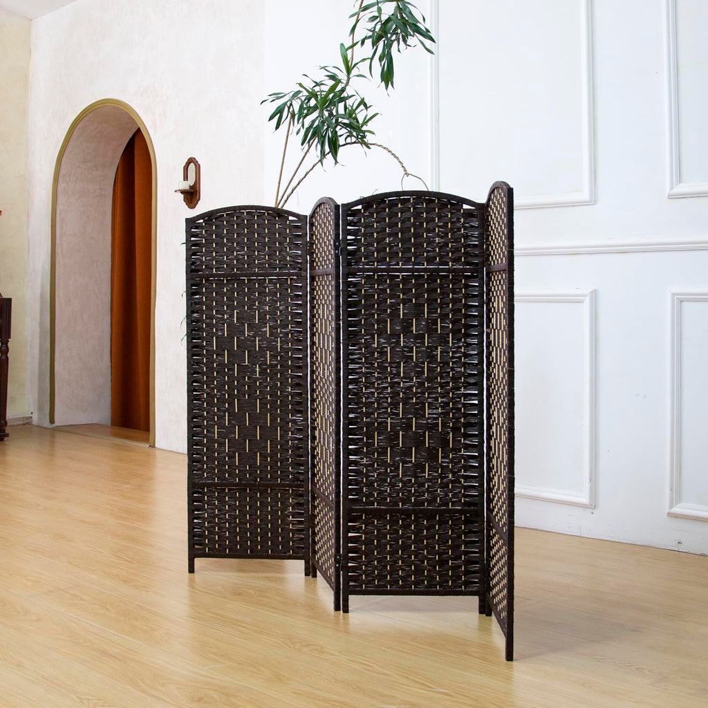 Compact 4 Panel Short Room Divider, 47.2 Inch Tall Double-Sided Rattan Folding Privacy Screen, Dark Brown