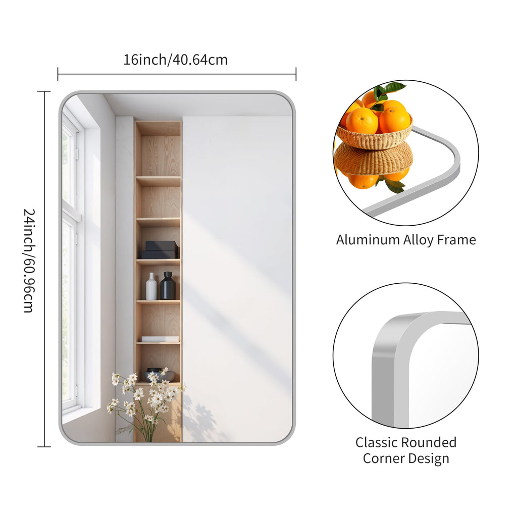 Bathroom Mirror for Over Sink 16x24 Inch Silver, Rectanglar Wall Mirror with Metal Frame, Rounded Corners Decor