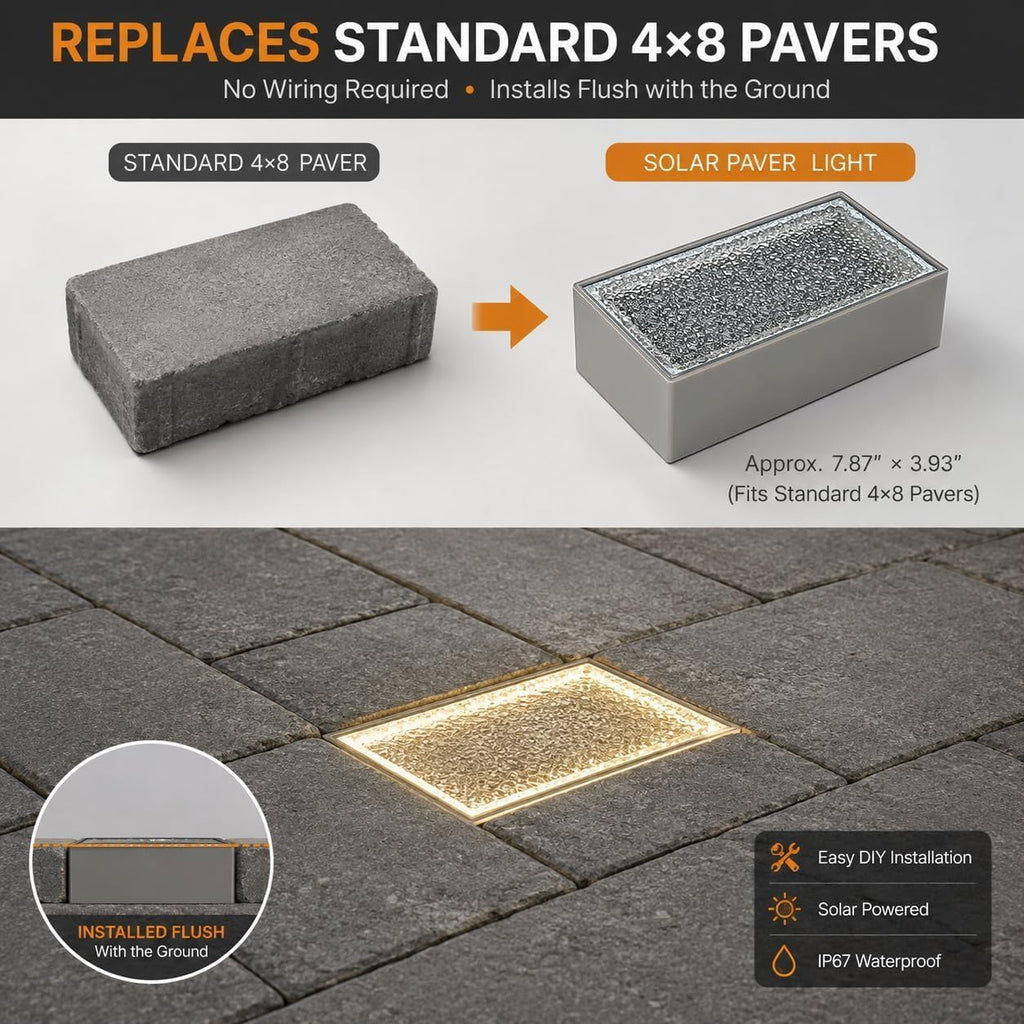 Solar Paver Lights 4x8, Driveway Lights, IP67 Waterproof, 3 Colors, 2 Pack
