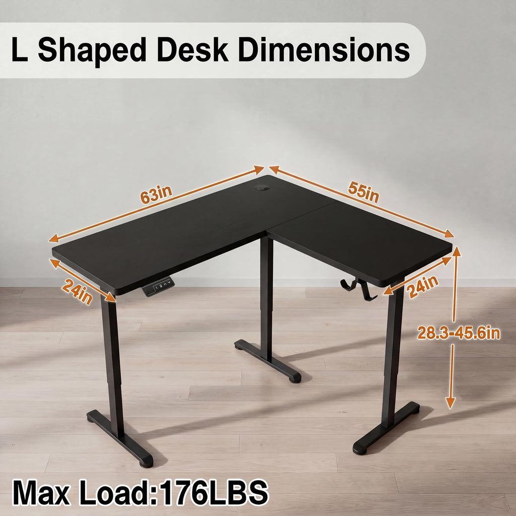 63 Inch L Shaped Electric Standing Desk Height Adjustable, Black