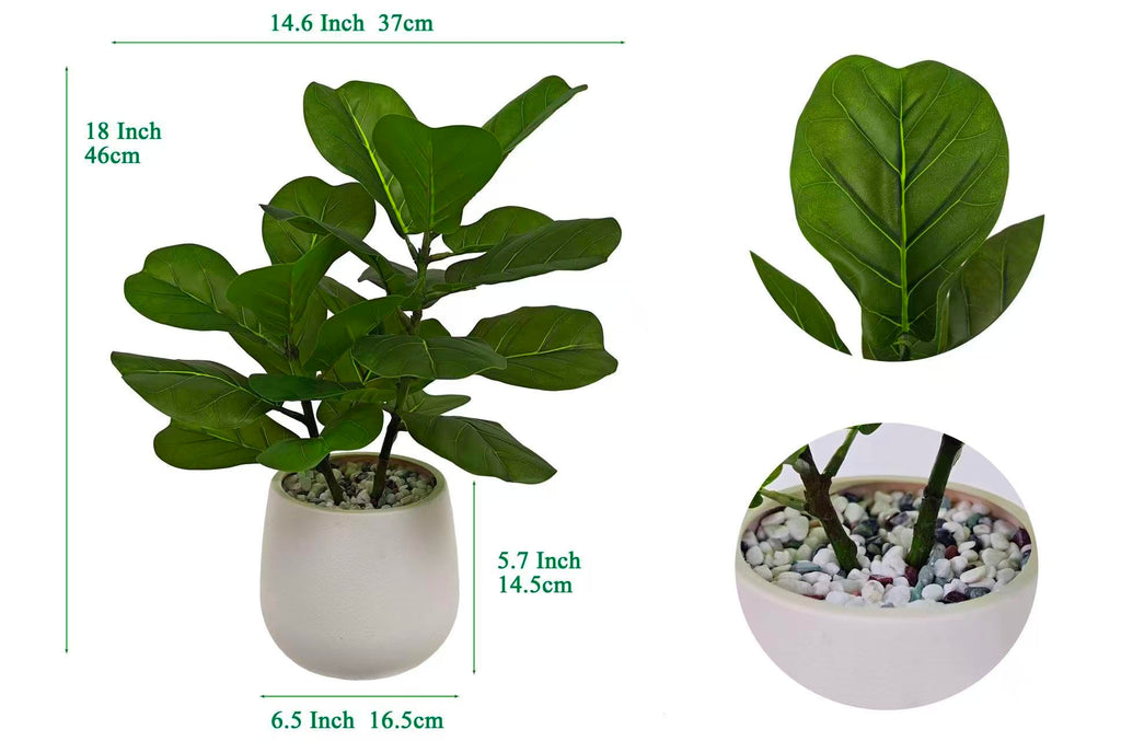 18" Artificial Fiddle Fig Plant in White Modern Pot, Real Touch Ficus Lyrata with Natural Pebbles, Faux Indoor