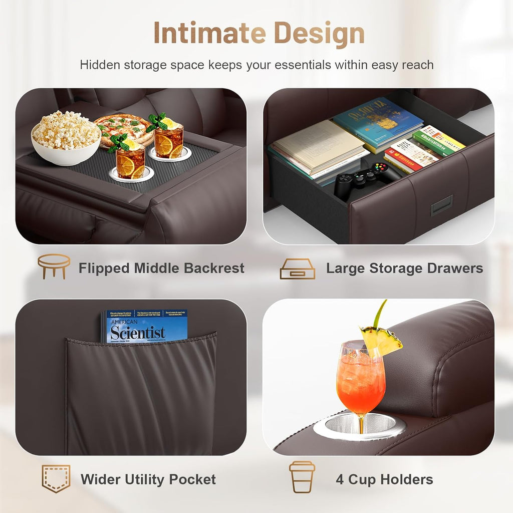 3-Seater Loveseat Recliner Sofa, Home Theater Seating Reclining Couch with Flip Middle Backrest