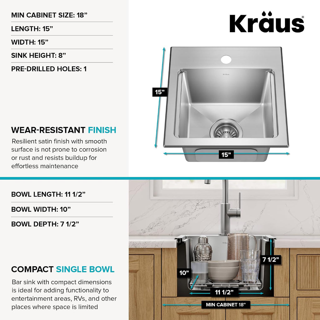 Fairlane 15 in Drop In/Top Mount Workstation Single Bowl 18-Gauge Stainless Steel Bar Kitchen Sink with Accessories
