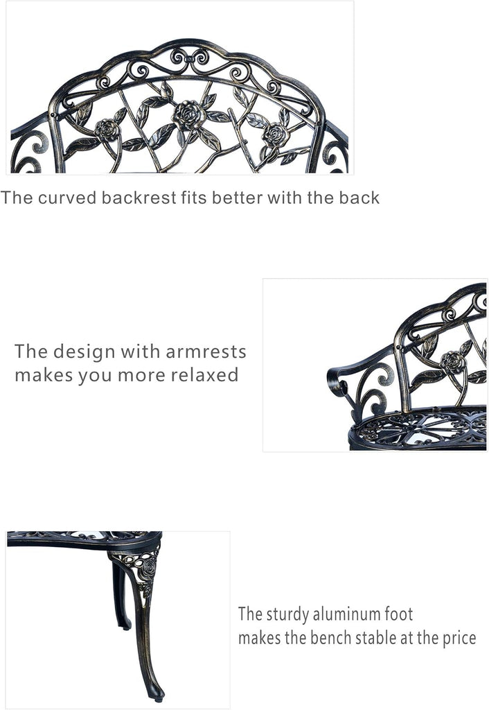 Balcony Bench Double Seat, Anti-Rust Cast Aluminum Patio Garden Bench for Park Yard Outdoor Furniture Copper.1