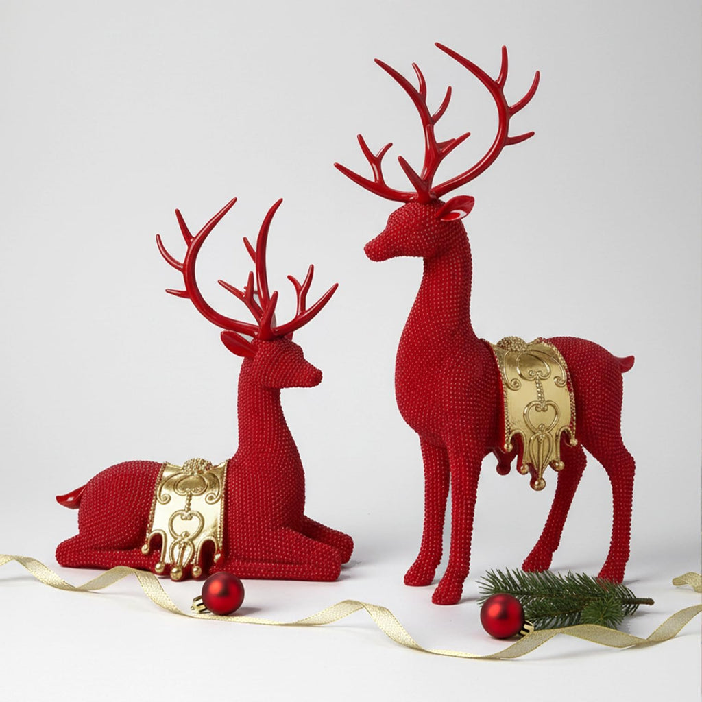 Red Gold Reindeer Figurines Set of 2 for Christmas Tabletop Decor